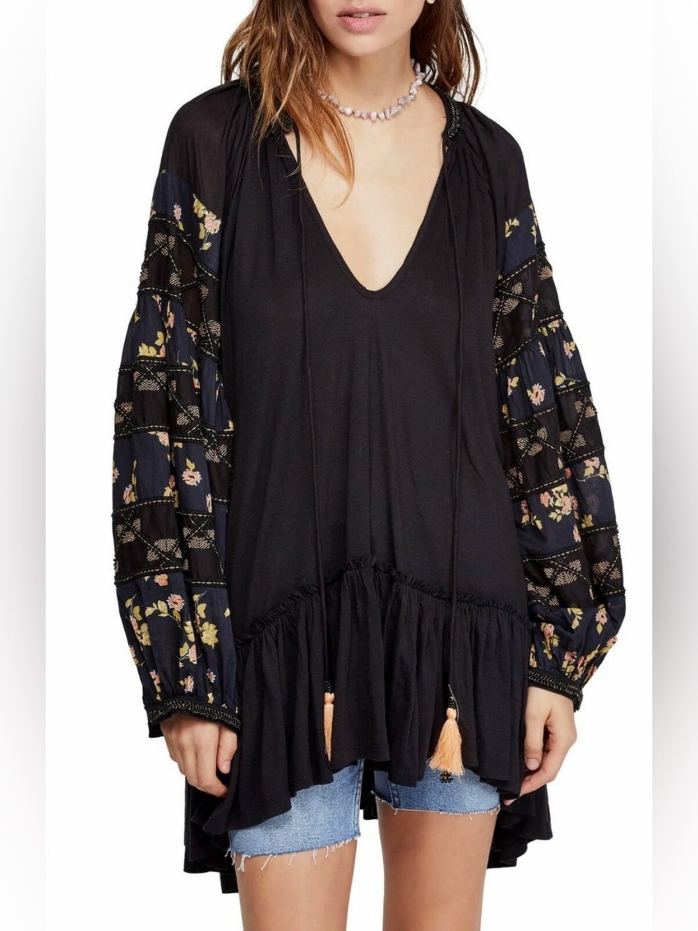 FREE PEOPLE MIX IT UP TUNIC BABYDOLL DRESS S BLACK FLORAL ! Women’s Small!